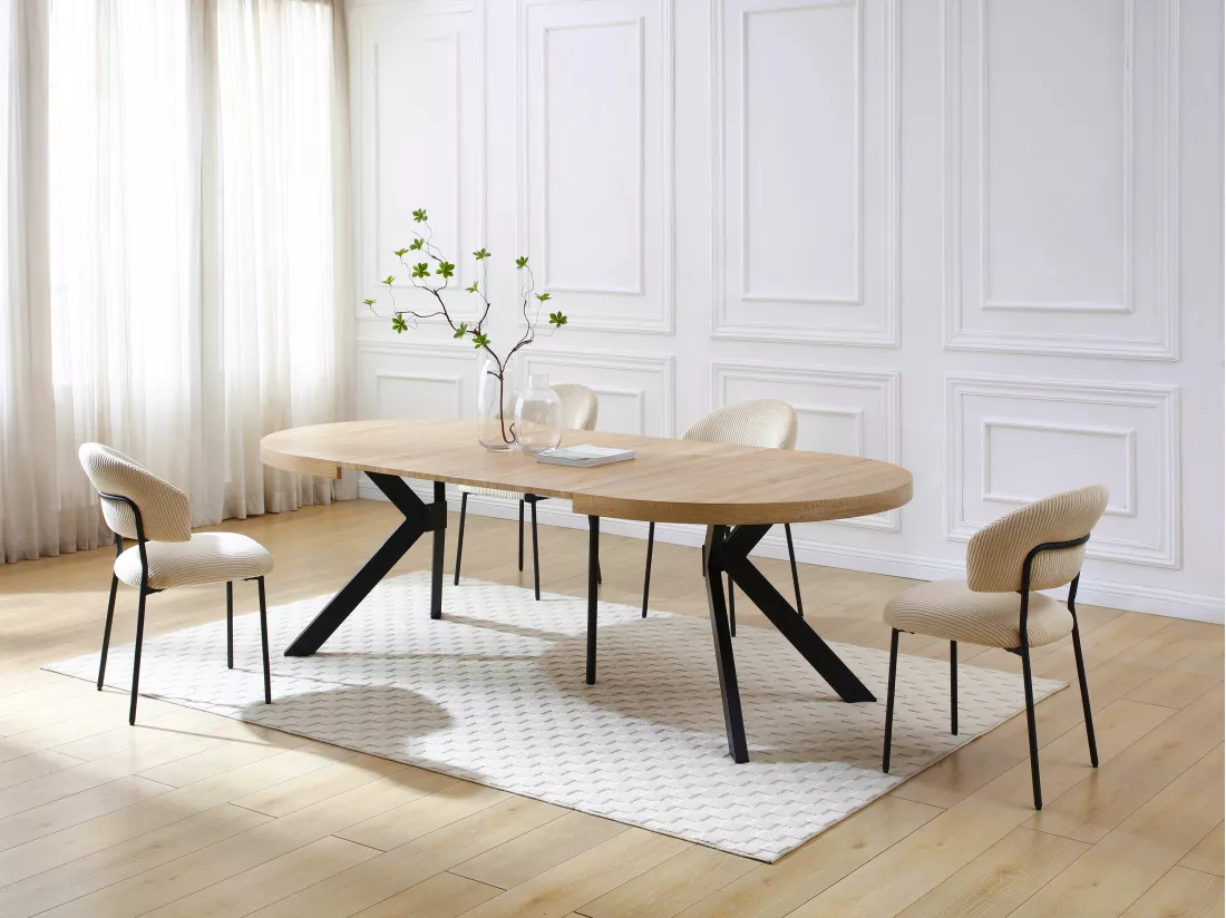 Table à manger extensible 6 à 12 couverts en MDF et acier - Naturel clair et Noir - KOMONI