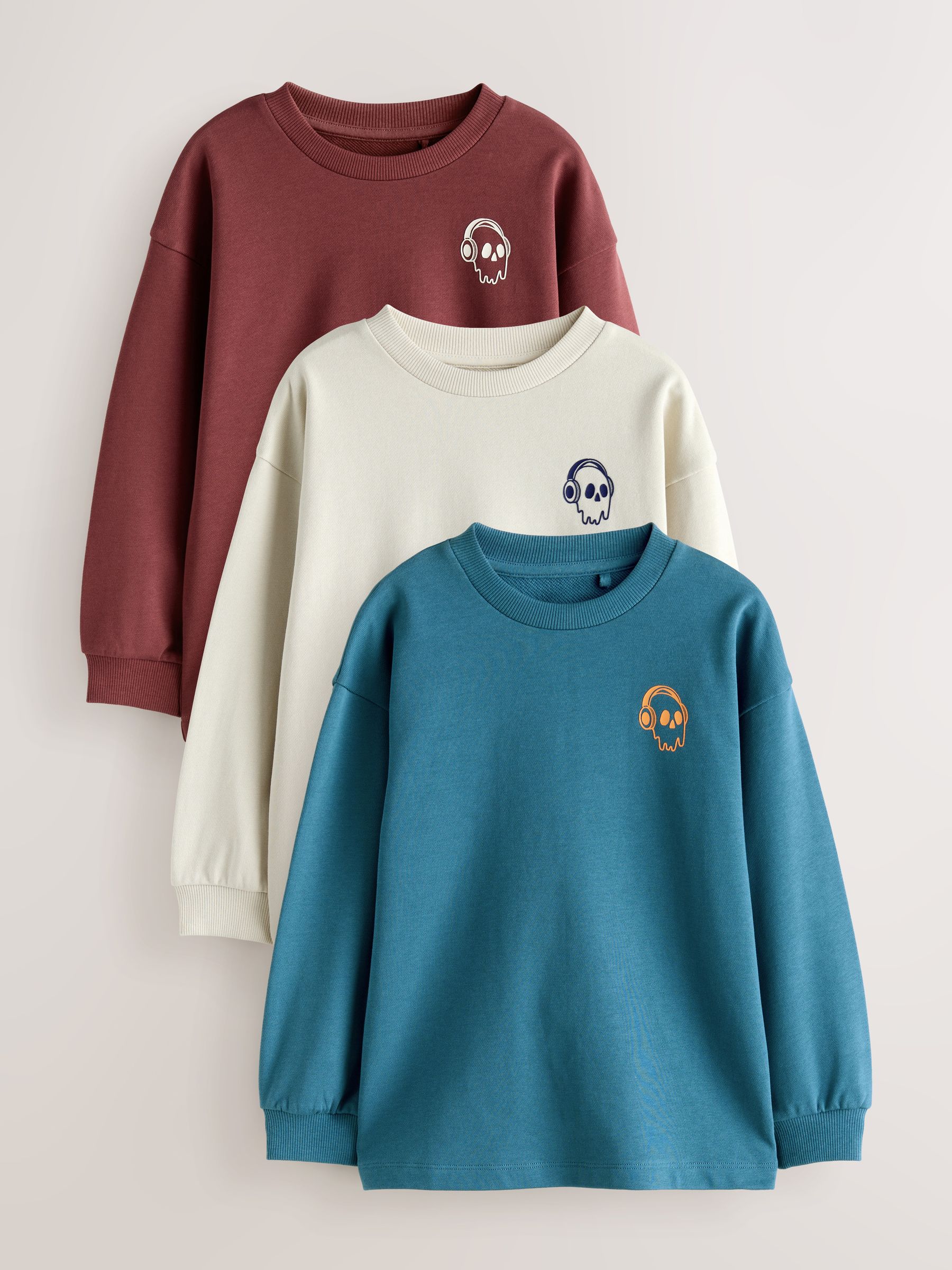 Blauw/bessenkleurig/ecru met print - Verpakking van 3 ruimvallende zware T-shirts met lange mouwen (3-16jr)