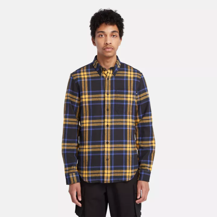 Camisa de flanela xadrez masculina em preto/azul/amarelo