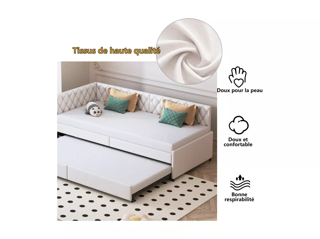 Lit gigogne 90x200cm - Canapé-lit rembourré, tissu en lin, avec sommier à lattes, sans matelas - Beige