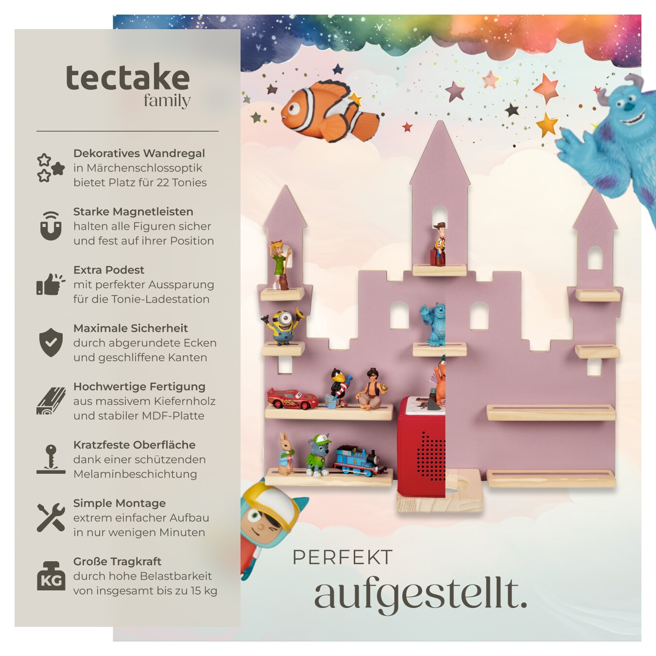 tectake® Wandregal, für bis zu 22 Tonies, abgerundete Ecken, 59 x 15,5 x 58 cm, unsichtbare Aufhängung