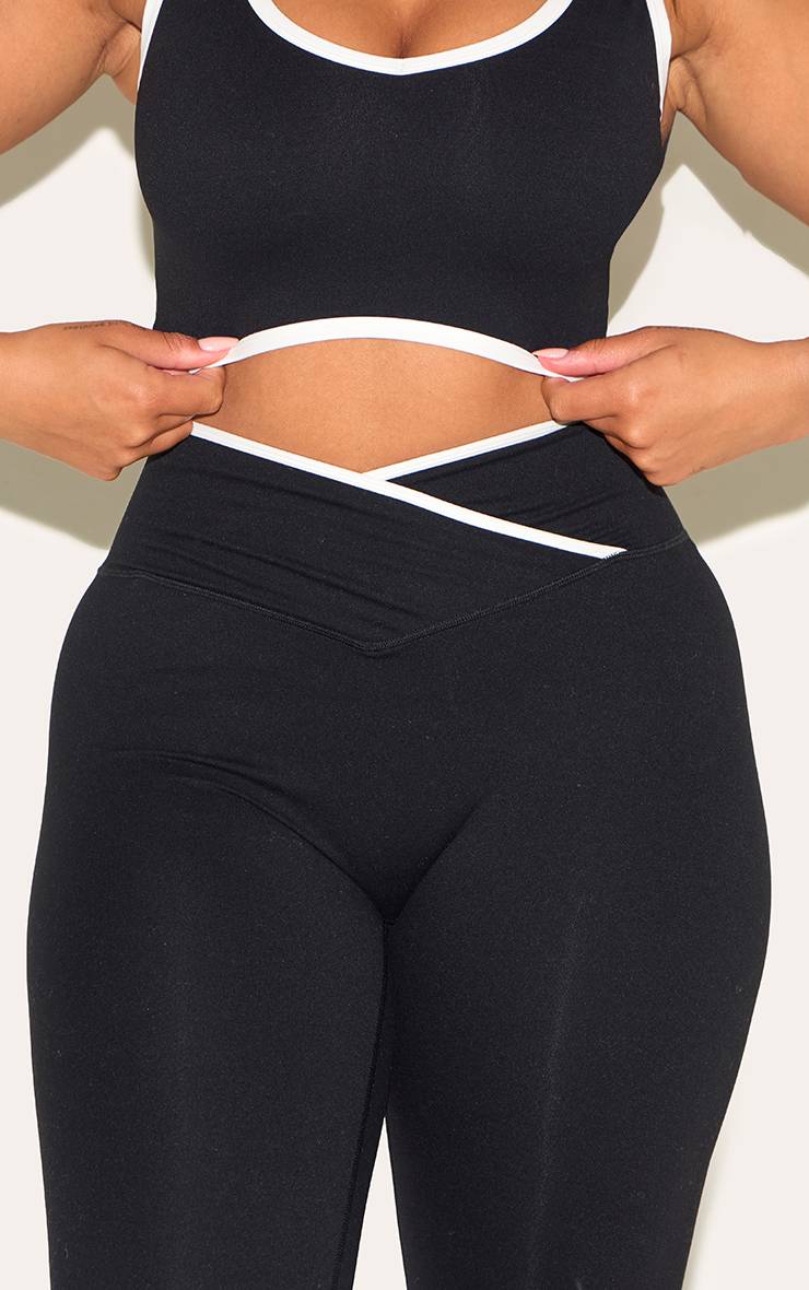 Noir Legging Sculptant À Ceinture Croisée Avec Bordures Contrastées