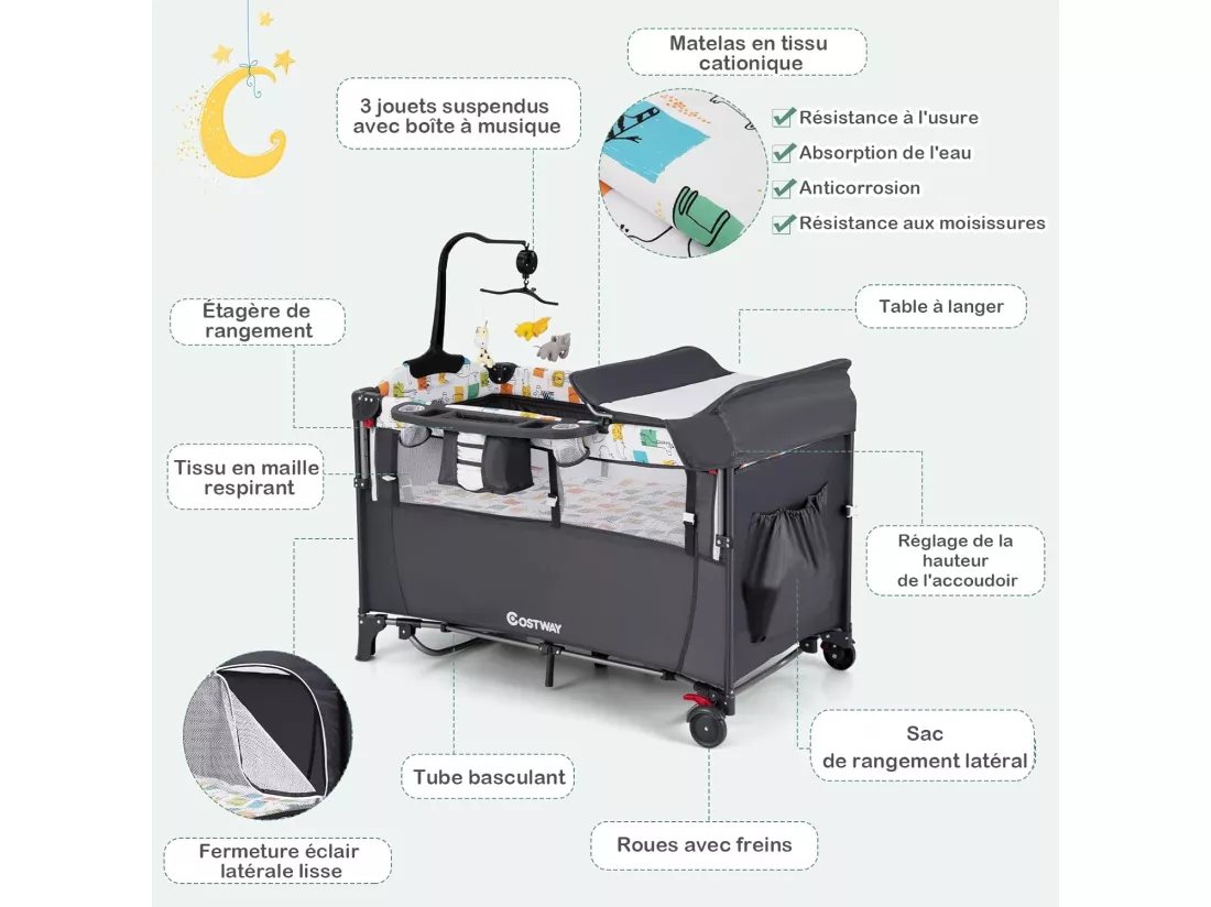 Lit Parapluie Bébé Pliant 5 en 1 avec Matelas,Berceau Parc Bébé avec Table à Langer,Boîte à Musique,Jouets Suspendus,4 Hauteurs d'Accoudoir Réglables,Sac de Transport,Noir