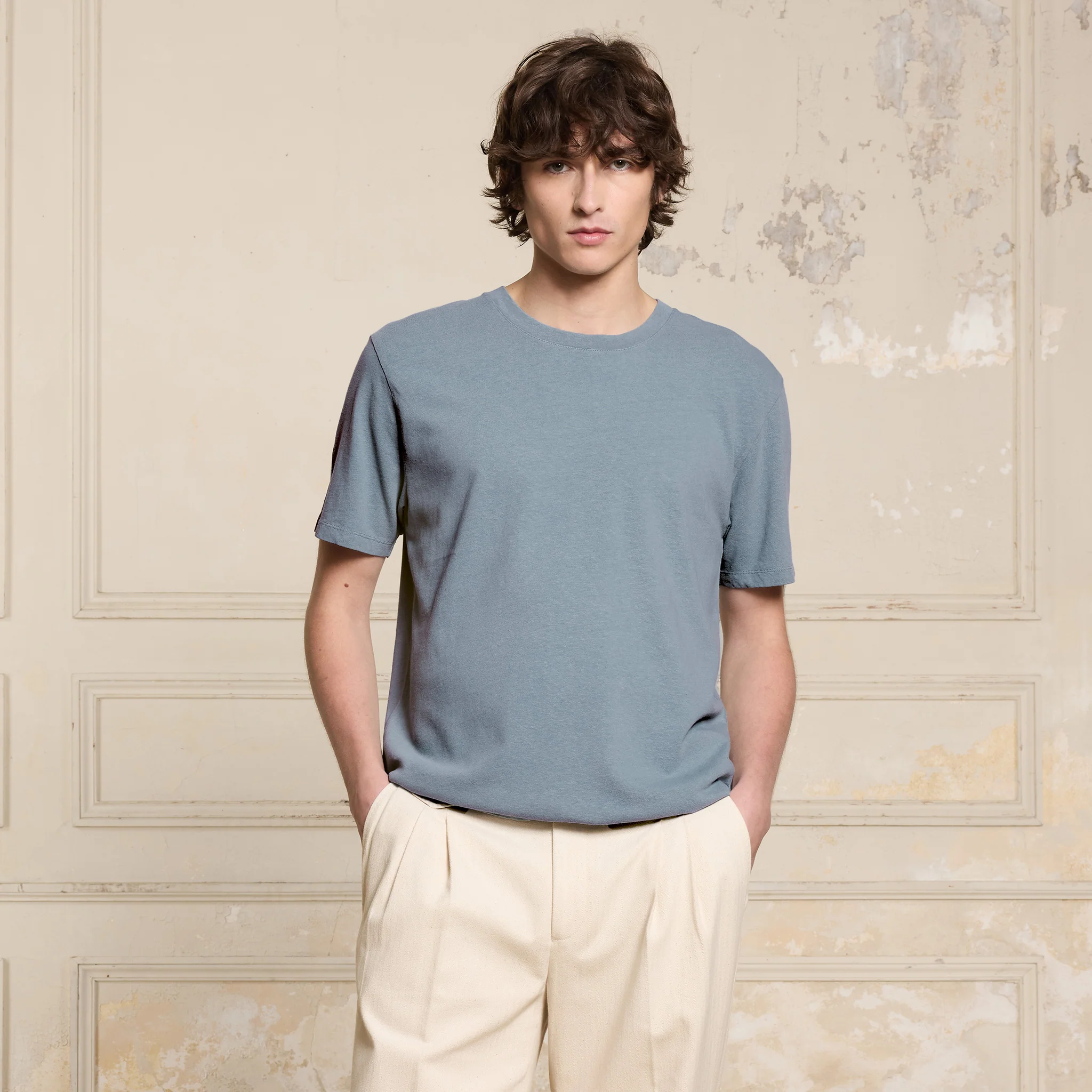 Sky blue cotton and linen T-shirt