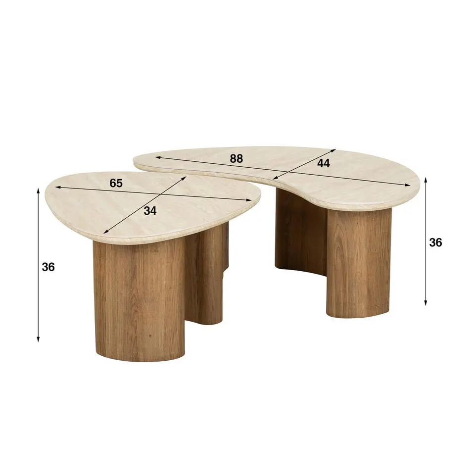 Salontafel Set van 2 - Organisch Travertin - Beige/Hout - Organic