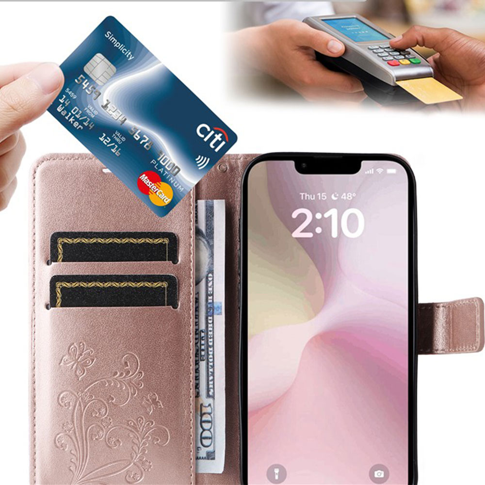 iPhone 16e Leder Tasche mit Kartenfach   Handschlaufe Schmetterling - Roségold