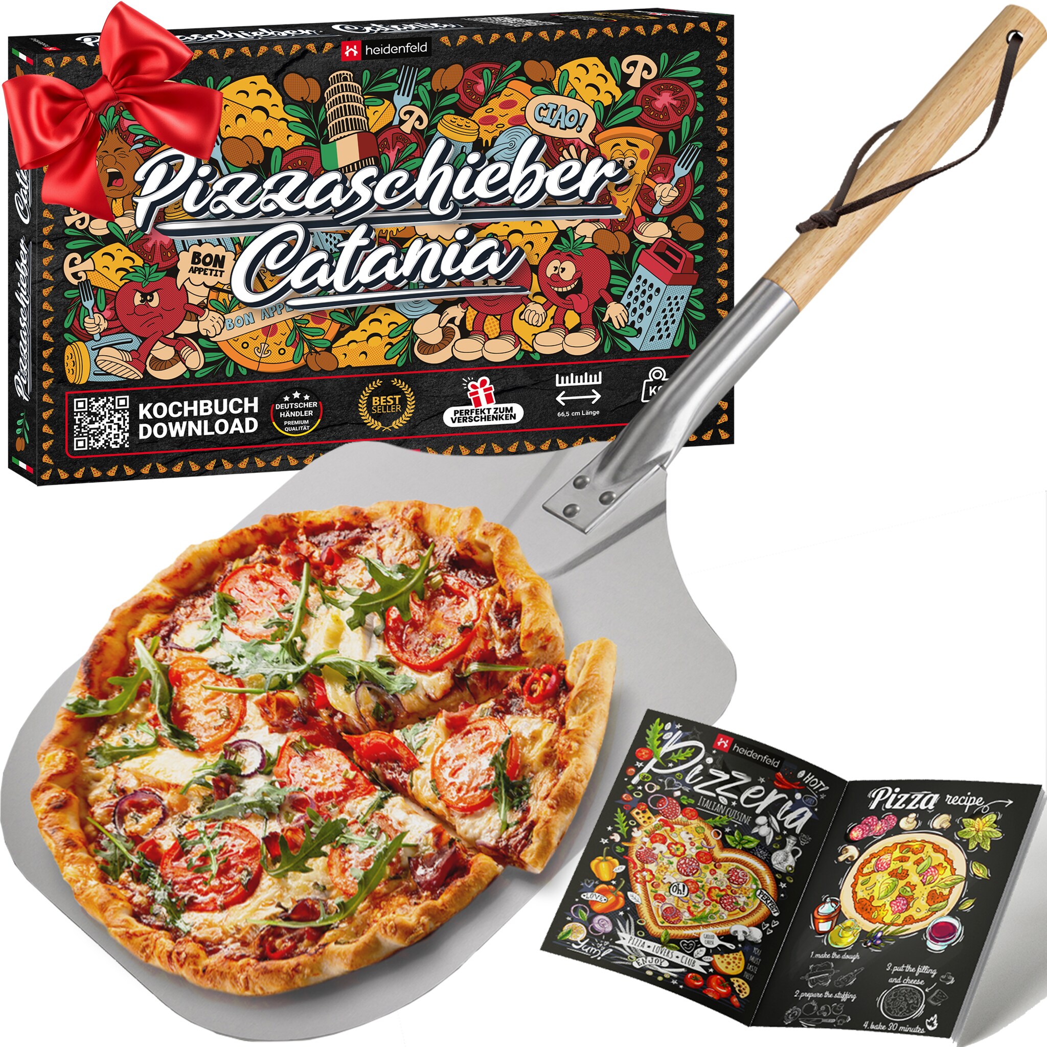 Heidenfeld Pizzaschieber Catania, Holz, Aluminium, 30,5 cm, Pizzaschaufel mit abnehmbarem Holzgriff
