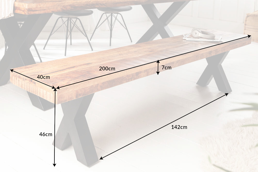 Industrial Sitzbank IRON CRAFT 200cm Mangoholz mit schwarzen X-Beinen