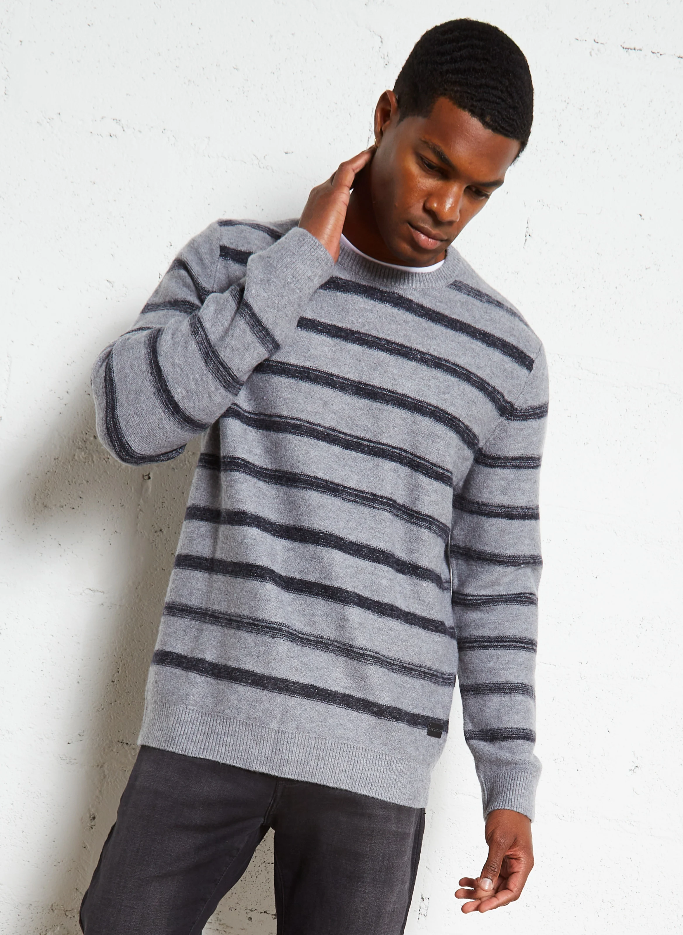 DUNITE - Pull droit col rond rayé en maille mélangée | Gris