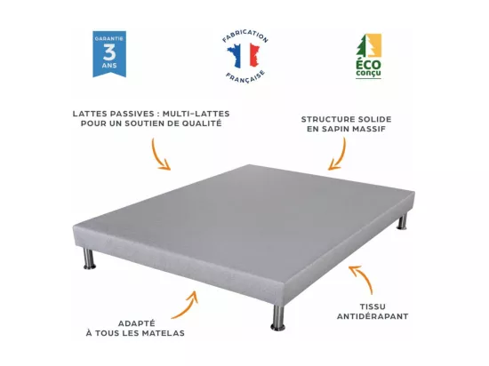 Sommier déco SR9 - Gris clair 2x90x190 - Lattes bois - H.13 cm - Made in France