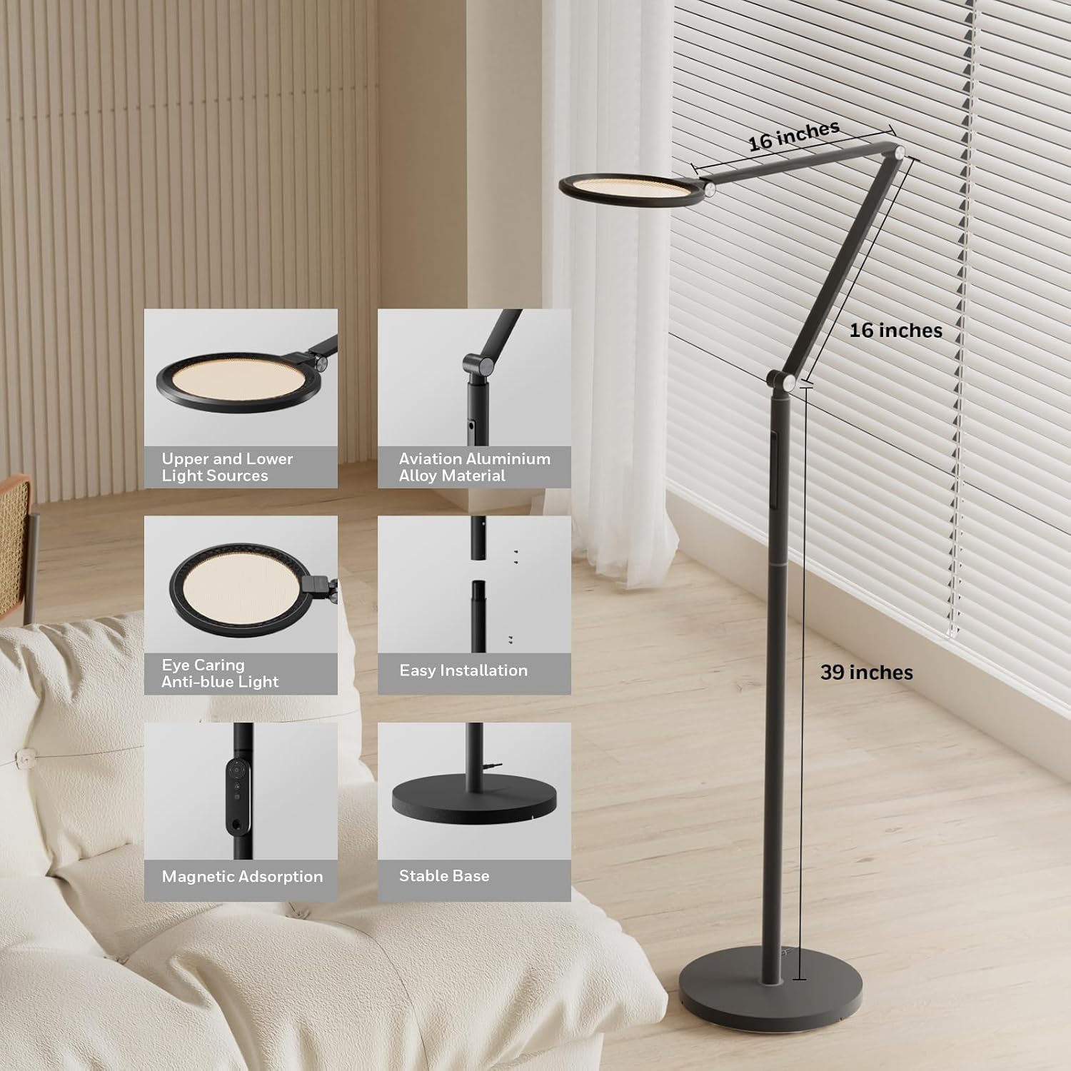 Honeywell LED Stehlampe - F01BK Sunturalux™ Augenfreundliche dimmbare Stehlampe mit Fernbedienung, 5 Farben & 5 Helligkeitsstufen verstellbare Lampe für Zuhause, Büro, Wohnzimmer, Schlafzimmer