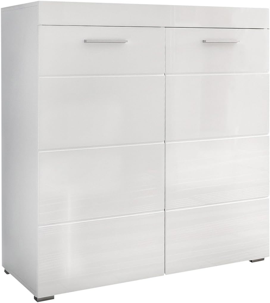 trendteam smart living - Amanda - Kommode - Weiß/Weiß Hochglanz - Schuhschank mit Platz für bis zu 16 Schuhpaare - (BxHxT) 91 x 97 x 38 cm - silberfarbene Griffe