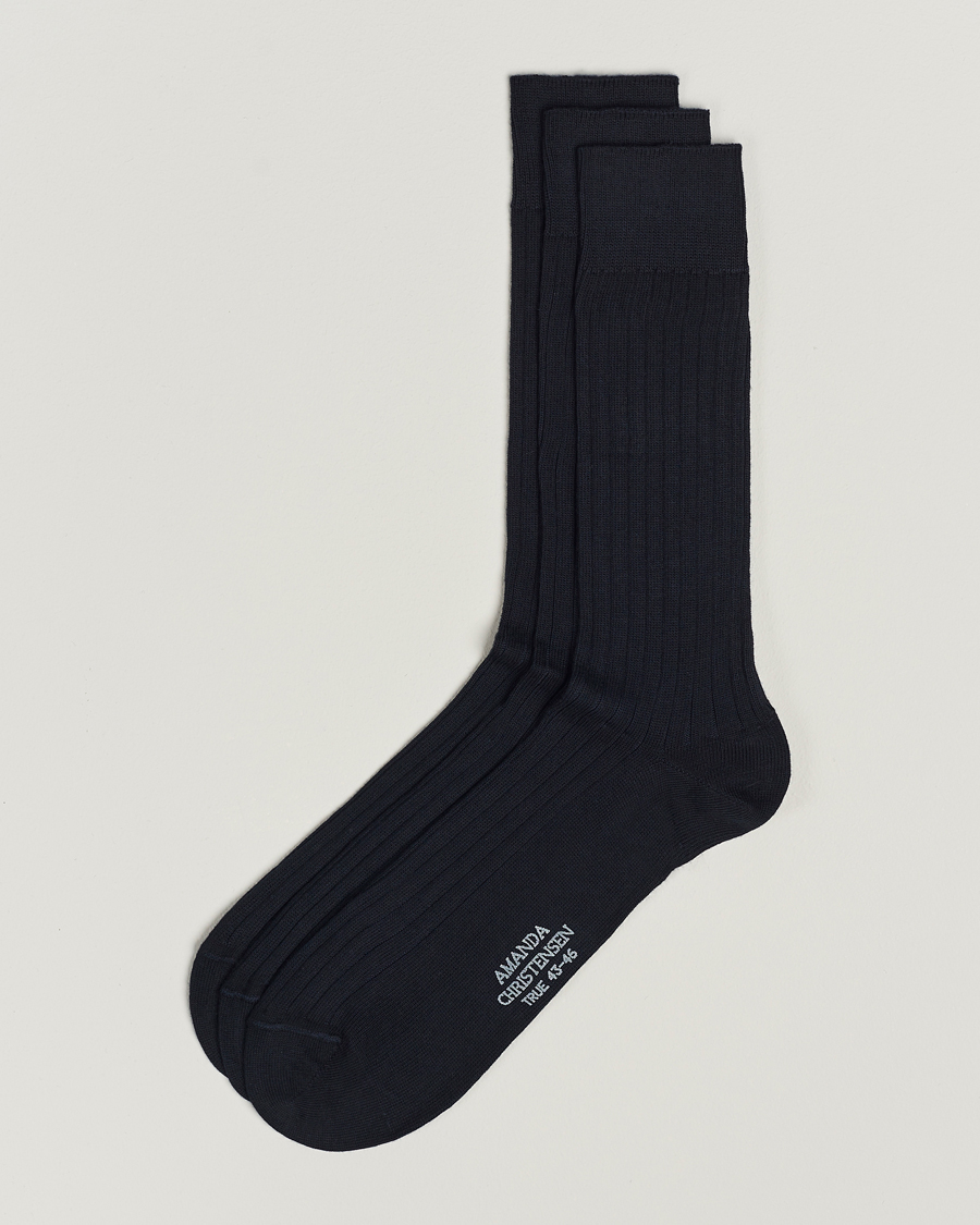 Amanda Christensen 3-Pack True Cotton Ribbed Socks Dark Navy