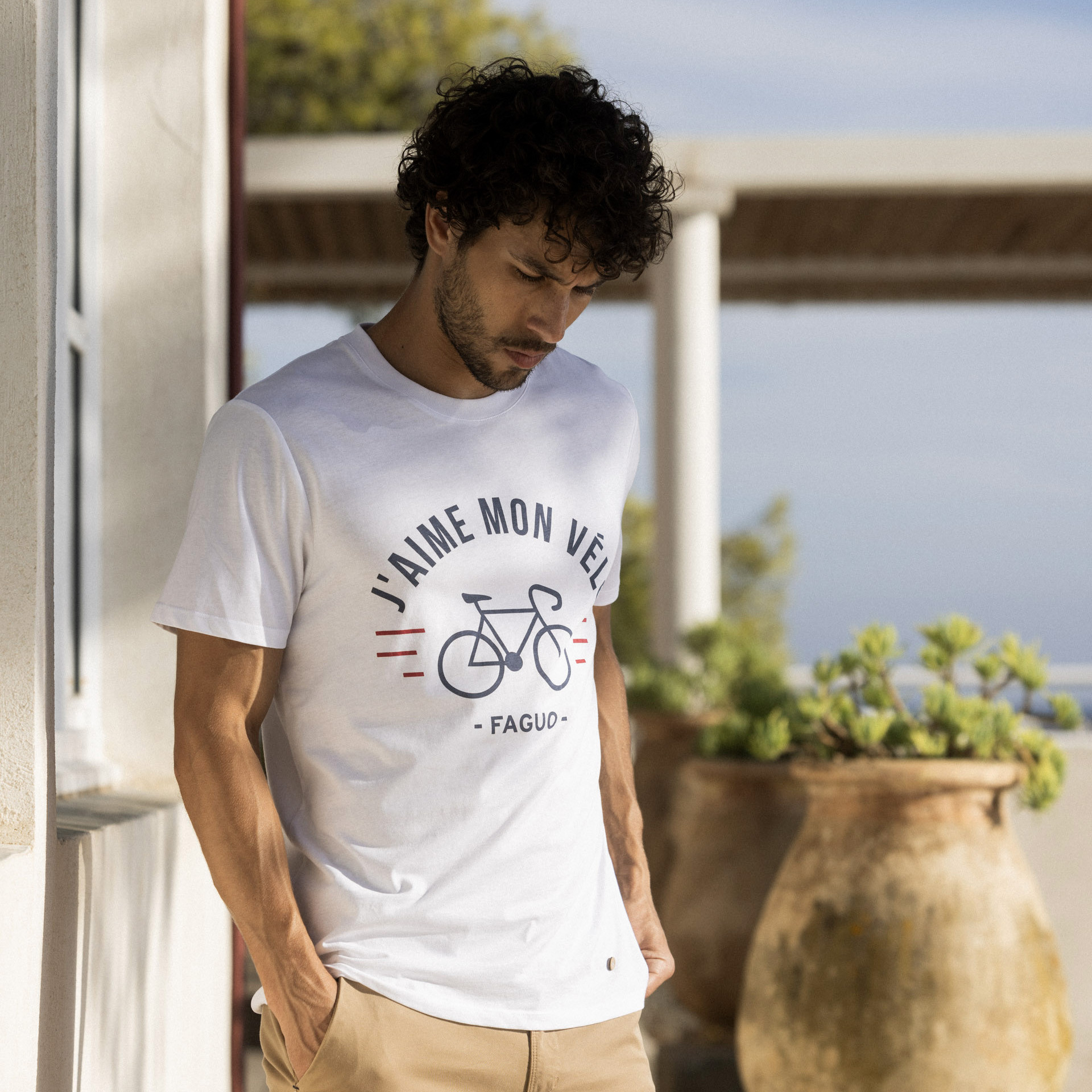 T-shirt col rond blanc J'aime mon vélo coton et coton recyclé - modèle Arcy