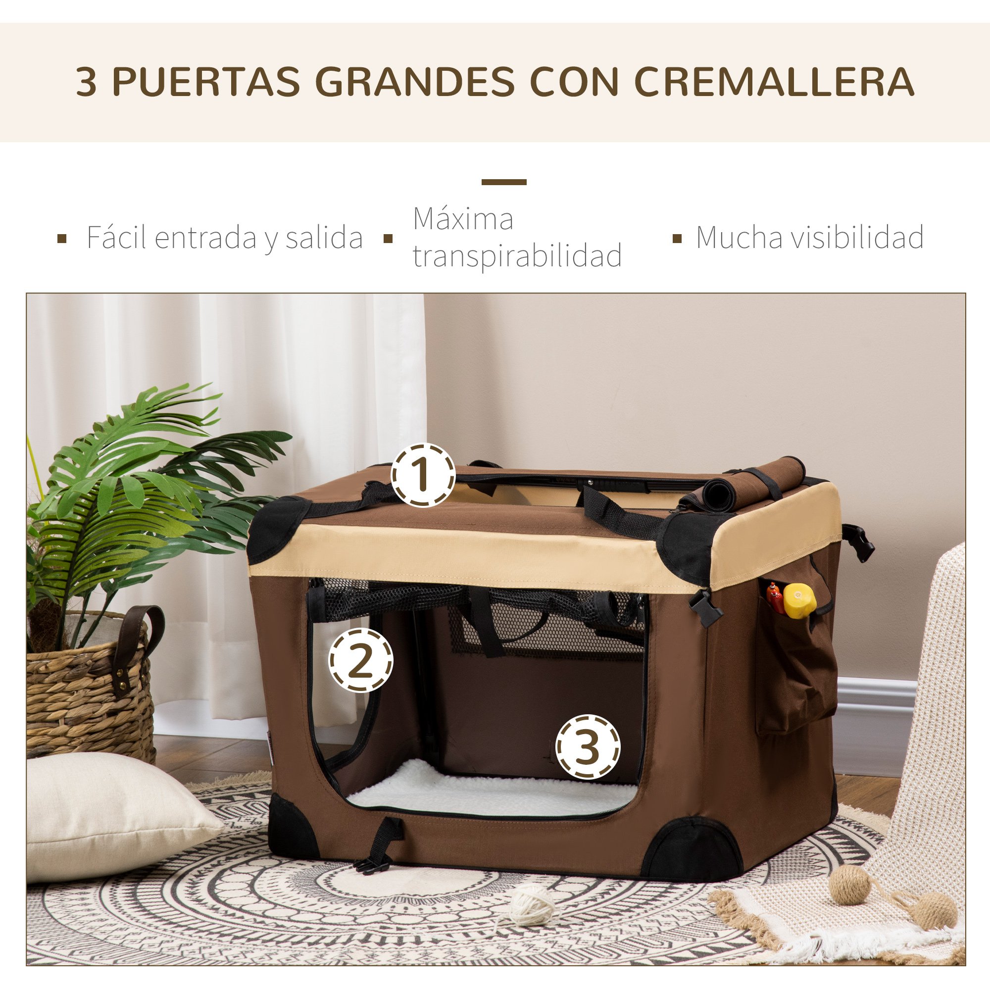 Mochila transportadora PawHut para cães e gatos, bolsa dobrável com almofada macia e 2 alças de ombro para carro, avião e viagens, 50,5 x 33,5 x 35 cm, marrom