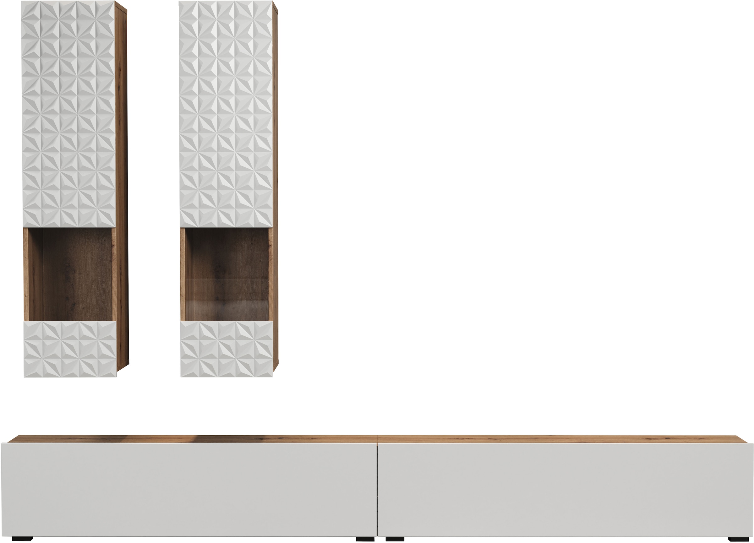 INOSIGN Wohnwand »Rezzo, 2 Hängevitrinen mit Relief-Front, 2 Lowboards je Br. 120 cm« Komplett-Set, 4 Stk. tlg.