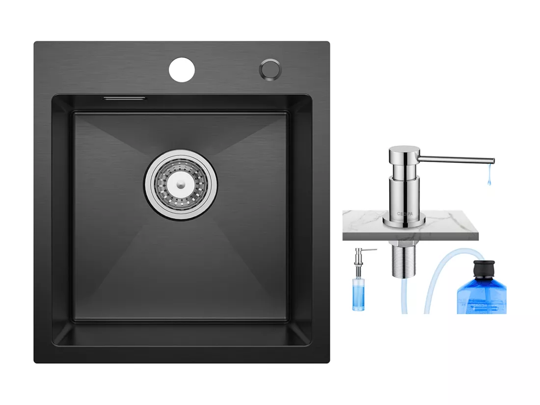Evier Cuisine 1 Bac Noir Anthracite 40*45*19CM - Évier Inox 1 Cuve Évier de Cuisine + 300ML Distributeur de Savon de Cuisine Chromé