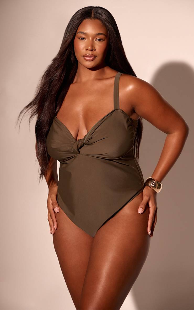 Jaune Maillot De Bain Grande Taille Kaki Avec Détails Torsadés Et Découpes