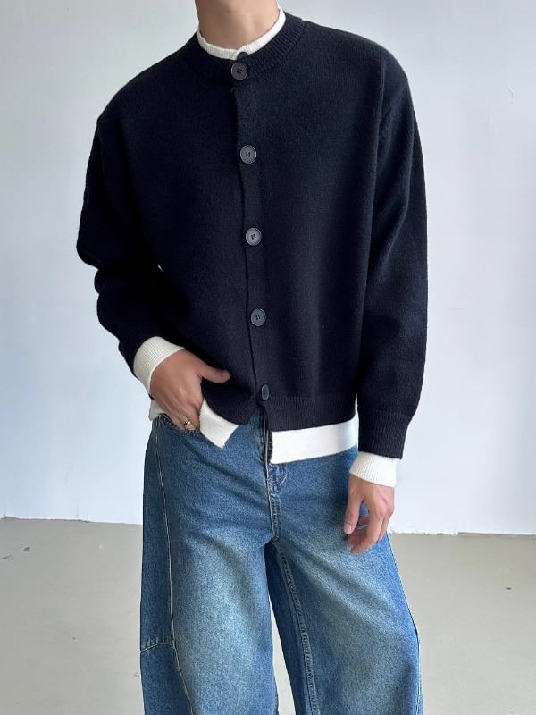 Nikoflin - Mock Two-Piece Crewneck Two Tone Button-Up Cardigan