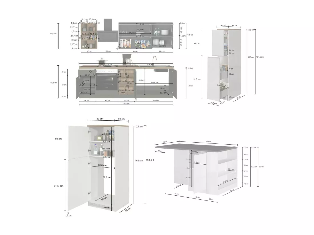 Cuisine complète Daquilant, Ensemble avec garde-manger, Meuble de kitchenette, Kit bloc avec îlot et porte-frigo, 100% Made in Italy, Blanc brillant et chêne