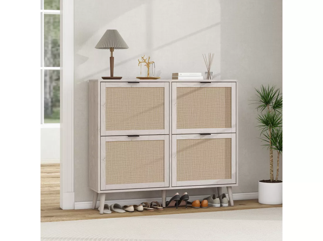 Meuble à chaussures rétro blanc à 4 portes, look en rotin, double étagère, 105 cm, avec fond arrière, idéal pour couloir et espaces similaires