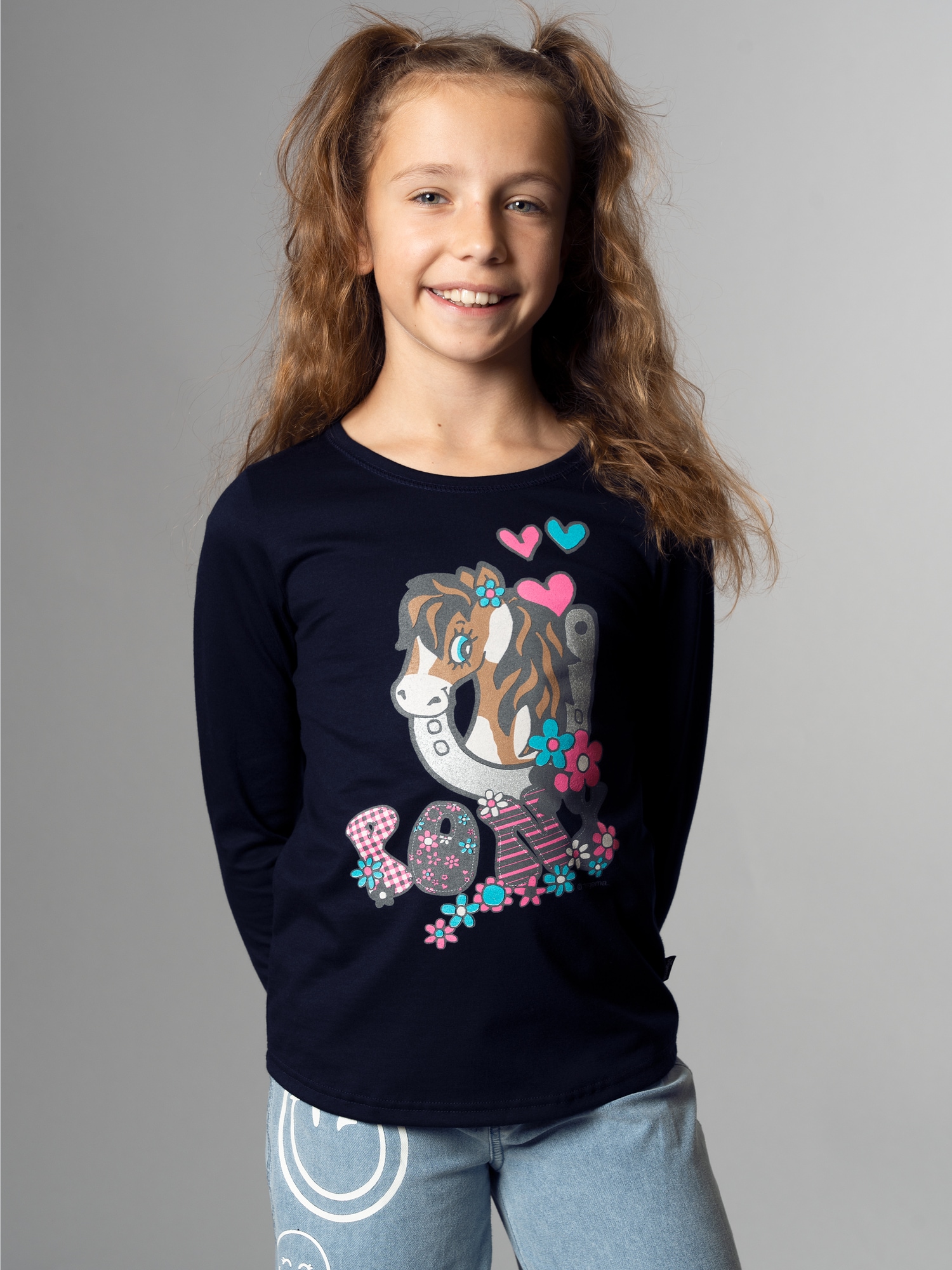 Langarmshirt mit süßem Pony-Print Navy