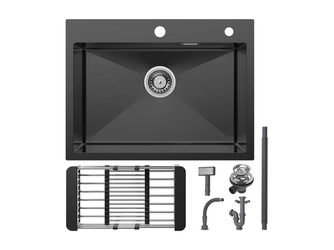 Cecipa max Évier 1 Bac Inox avec Panier de Drainage - Évier de Cuisine Noir 60×45×18 cm + Mitigeur avec Douchette Extractible Rotatif à 360 ° Noir