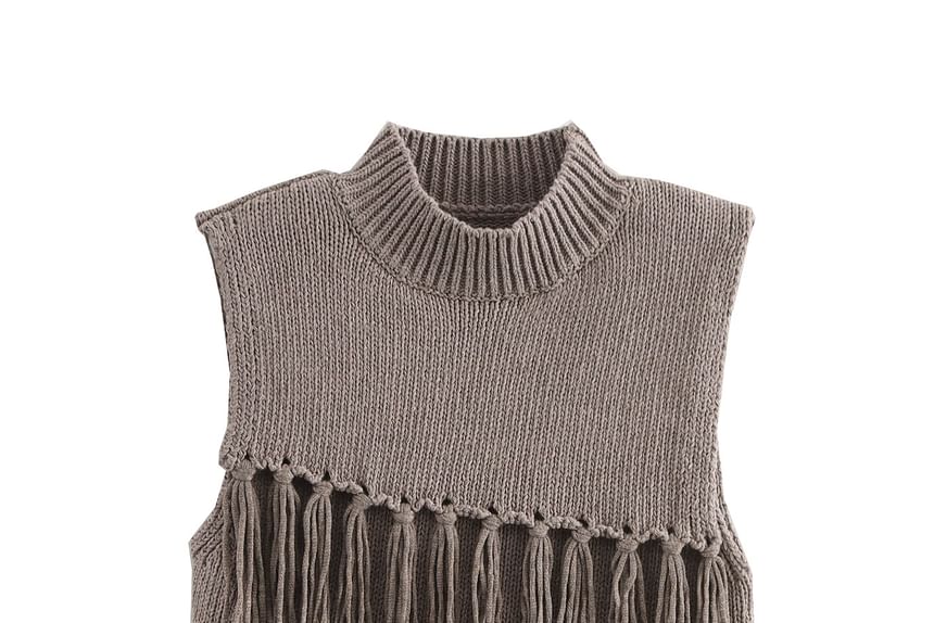 Overing - Mock Neck Plain Asymmetrische Crop Sweater Vest met Franjes