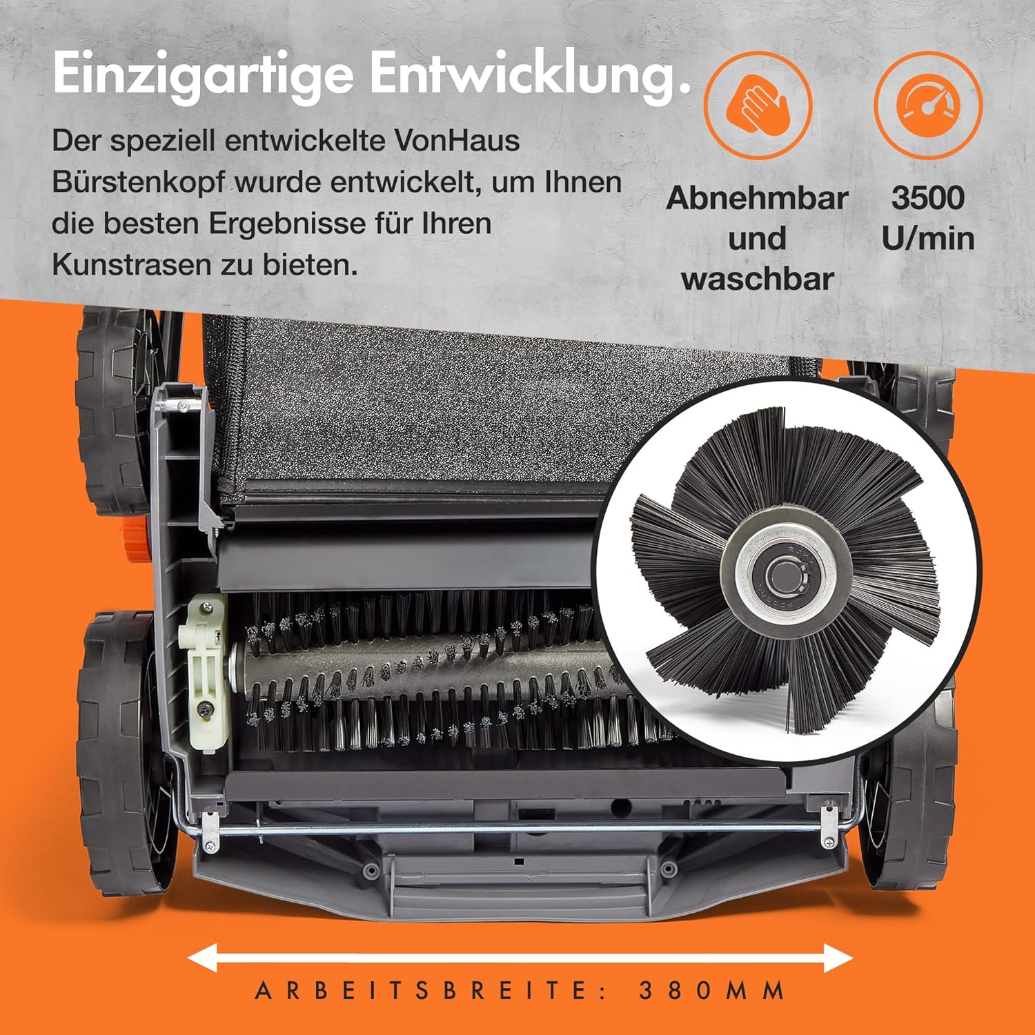 VonHaus 1800 W Laubsammler für Kunstrasen – Elektrische Kehrmaschine – Laubsauger mit 45-L-Beutel, 5 Einstellbare Höhen, 380 mm Arbeitsbreite, Zusammenklappbarer Griff, 3 Jahre Garantie
