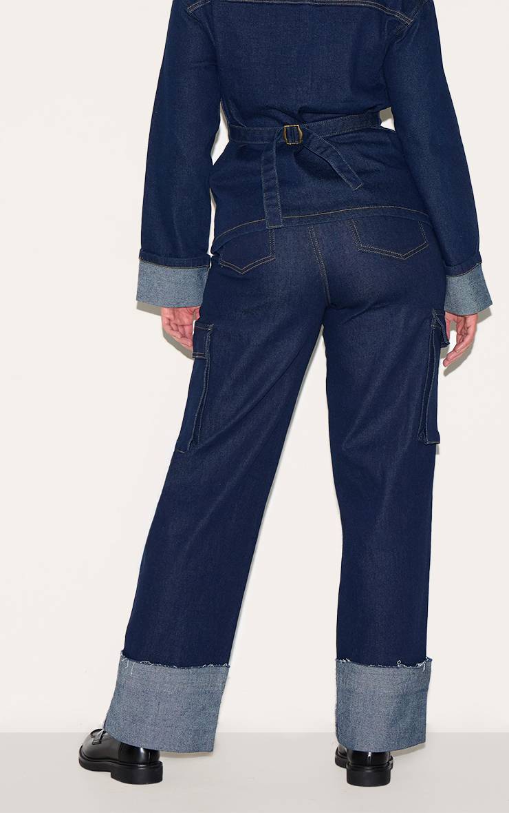 Bleu Indigo Jean Cargo Taille Haute En Denim Stretch Shape Avec Ourlets Retroussés