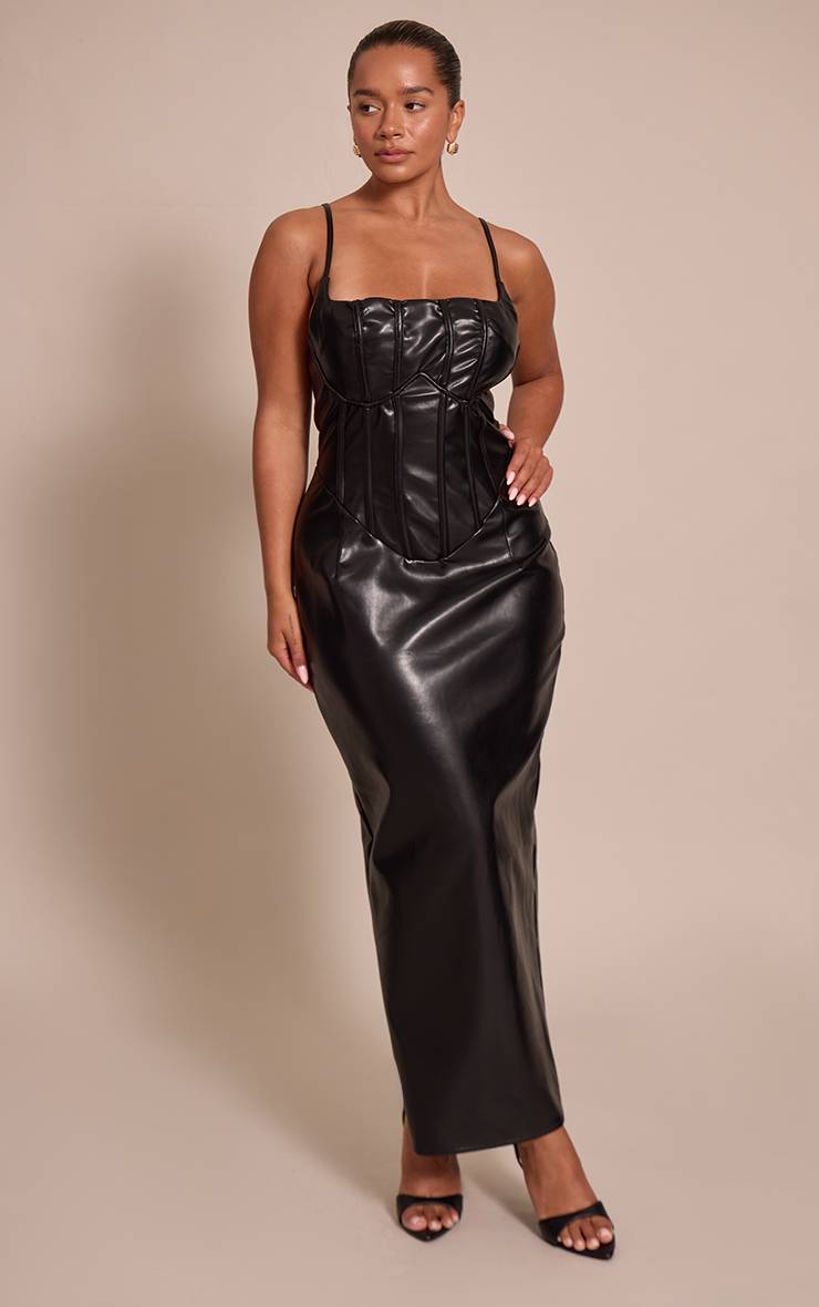 Noir Robe Longue Corset En Synthétiquecuir Sculptante