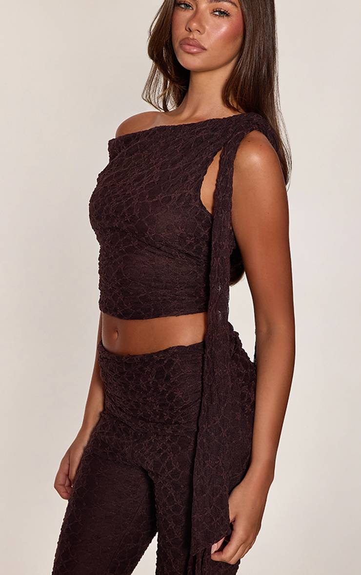 Marron Ensemble Crop Top En Dentelle Détail Nœud Asymétrique