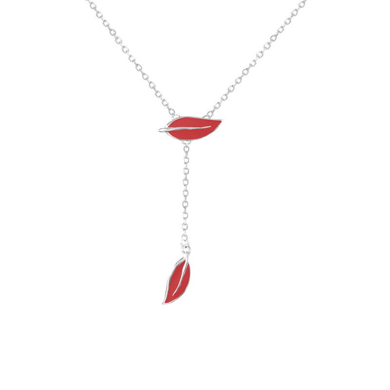 Collier feuilles en argent rhodié et émail rouge