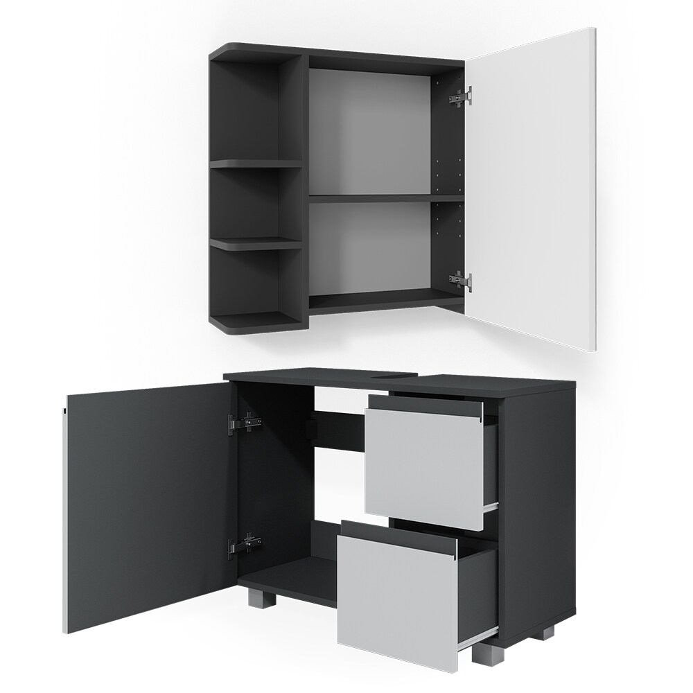 Vicco Badmöbelset J-shape Anthrazit Weiß modern Badezimmer Schrank Badschrank Waschtischunterschrank Spiegelschrank Schranktür Schrankschublade Aufbewahrung