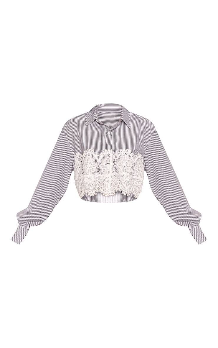 Bleu Marine Ensemble Chemise À Rayures Fines Avec Détail Appliqué En Dentelle