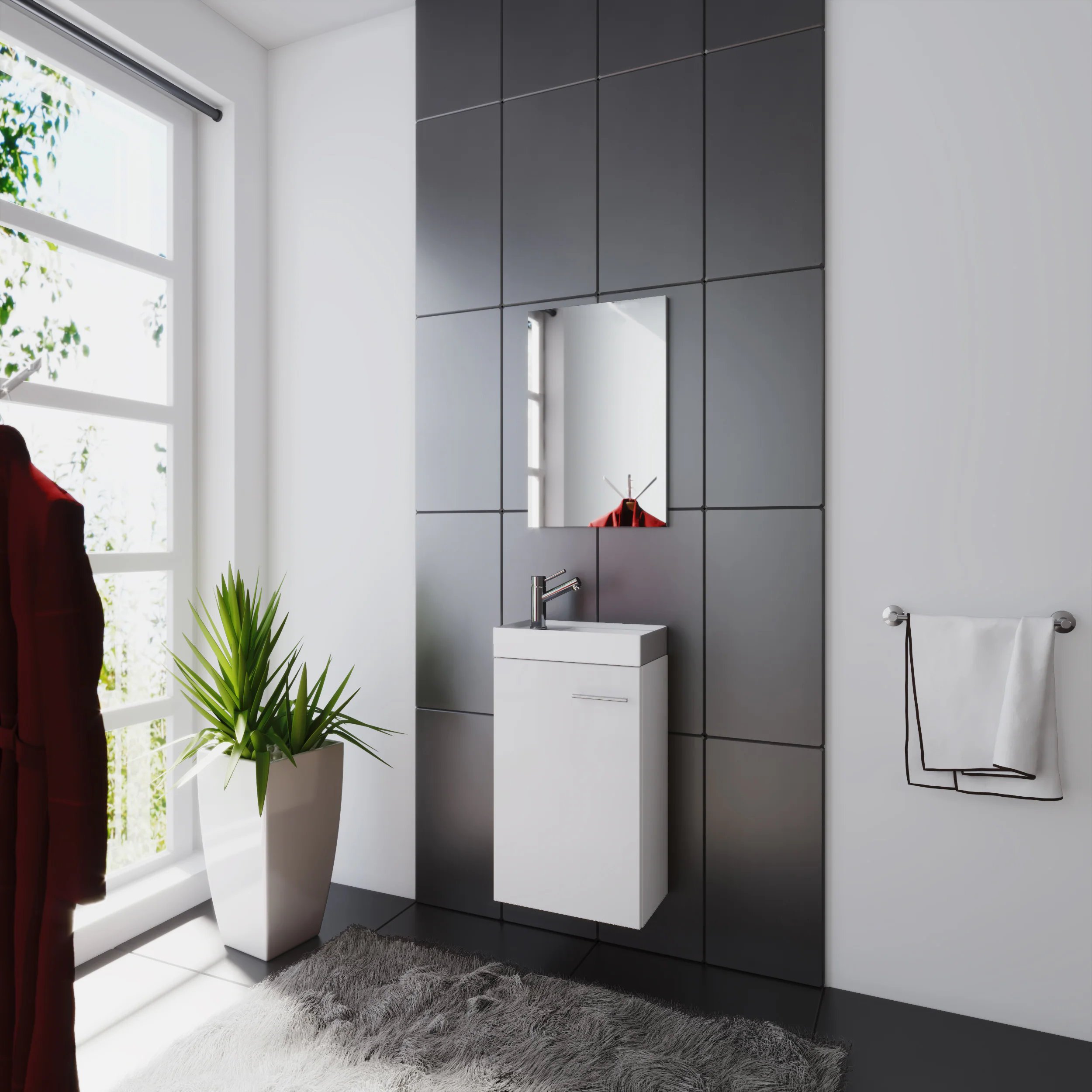 VCM Waschplatz Waschbecken Schrank + Spiegel WC Gäste Toilette Badmöbel klein schmal 