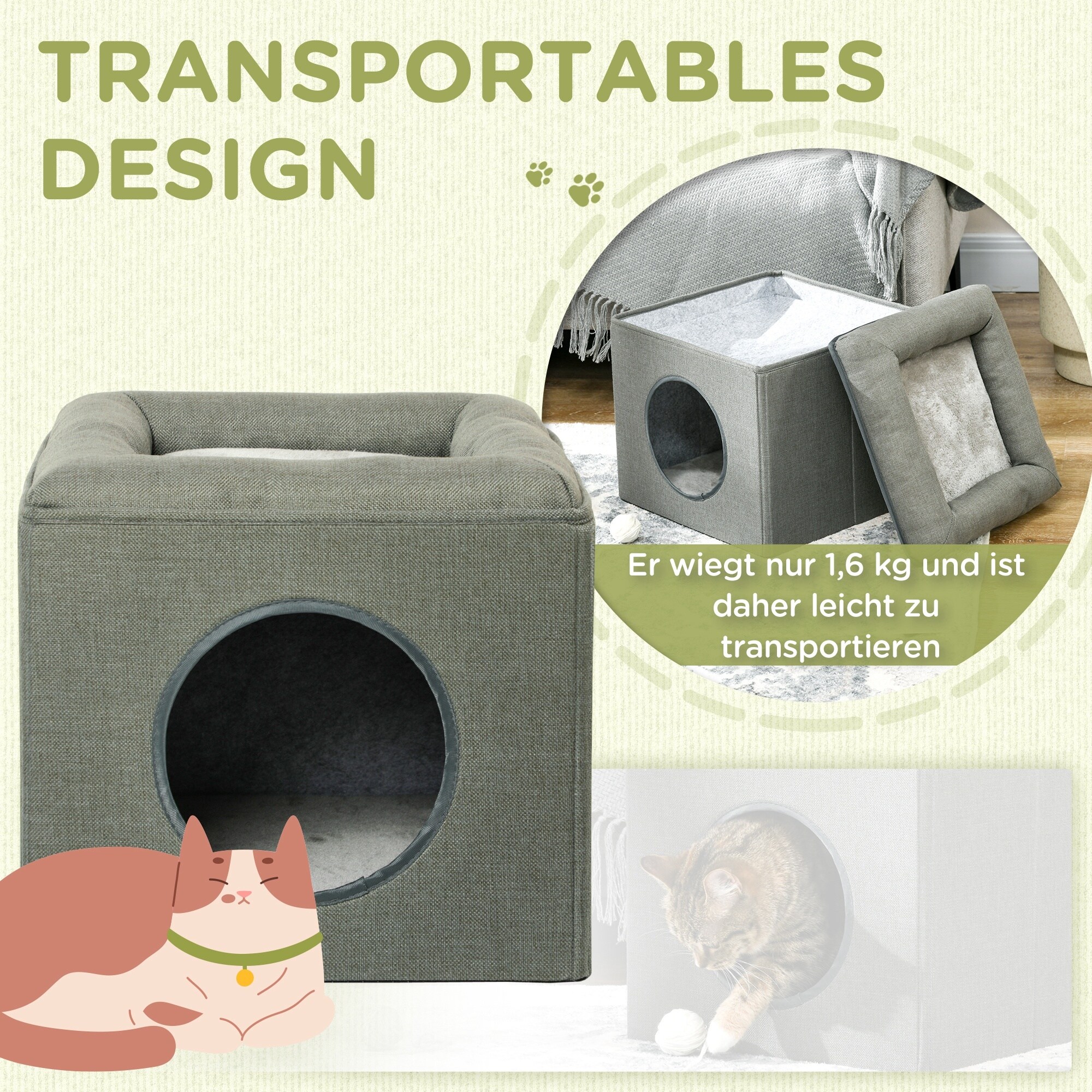 PawHut Katzenhöhle mit weichem Kissen grün 36,5L x 36,5B x 33Hcm