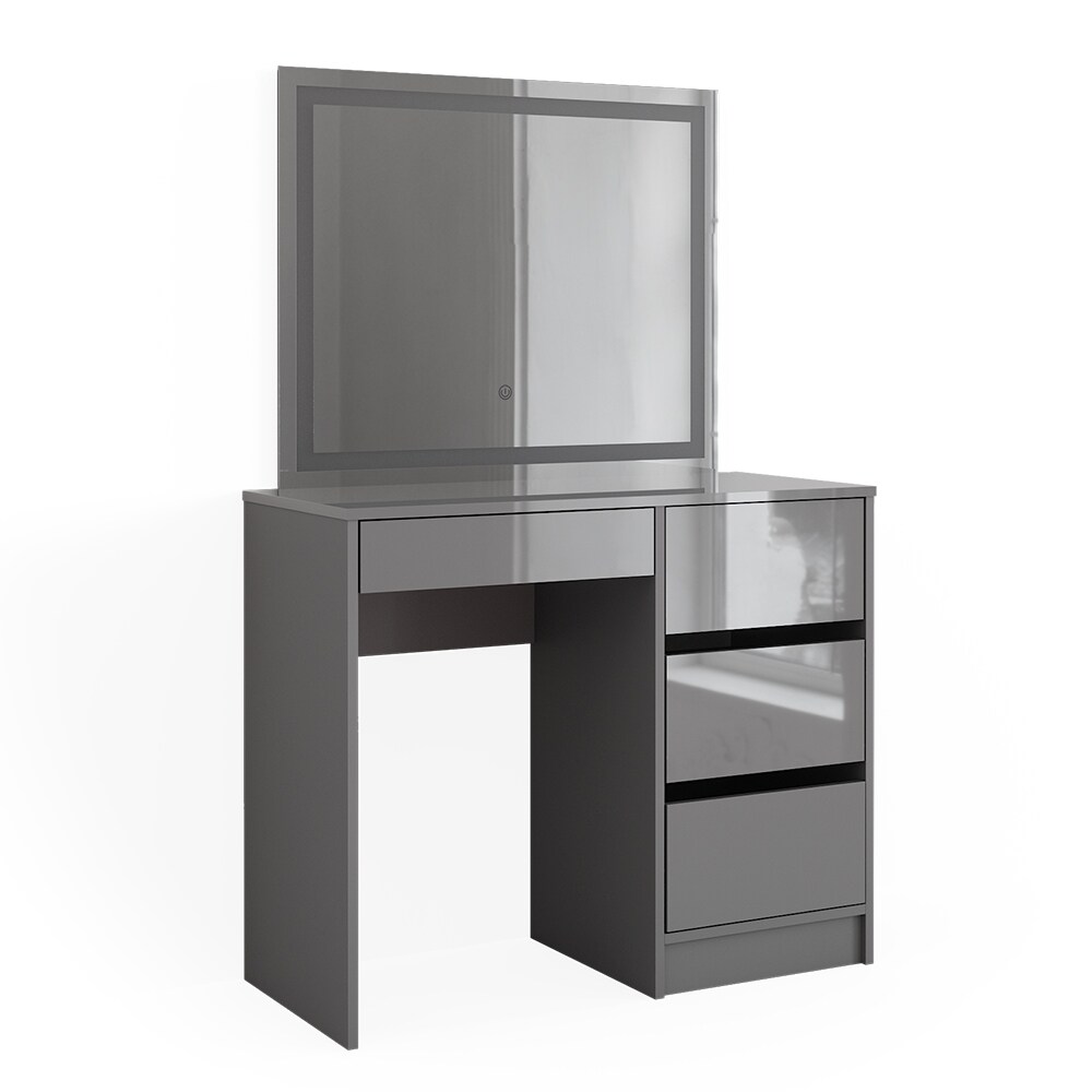 Vicco Schminktisch Sherry Grau Hochglanz 90 x 75 cm LED-Spiegel, Frisiertisch