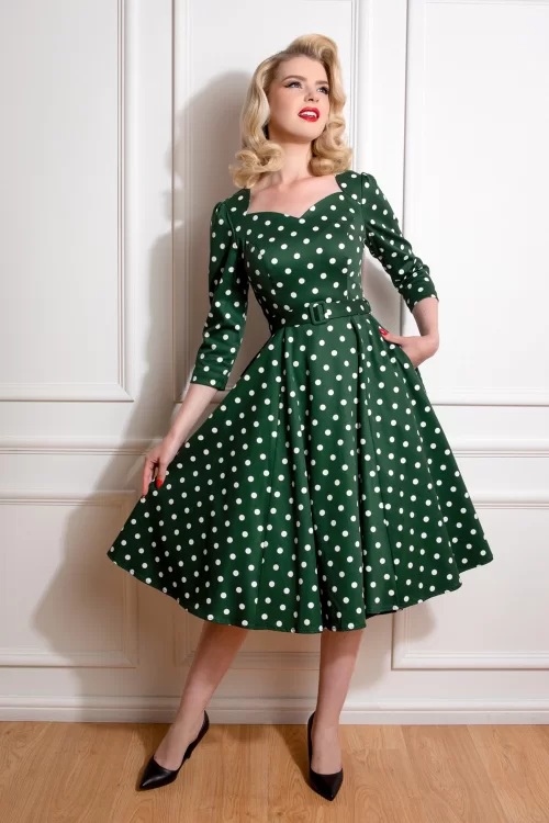 Hearts & Roses Olivia Swing Polkadot jurk in groen en wit