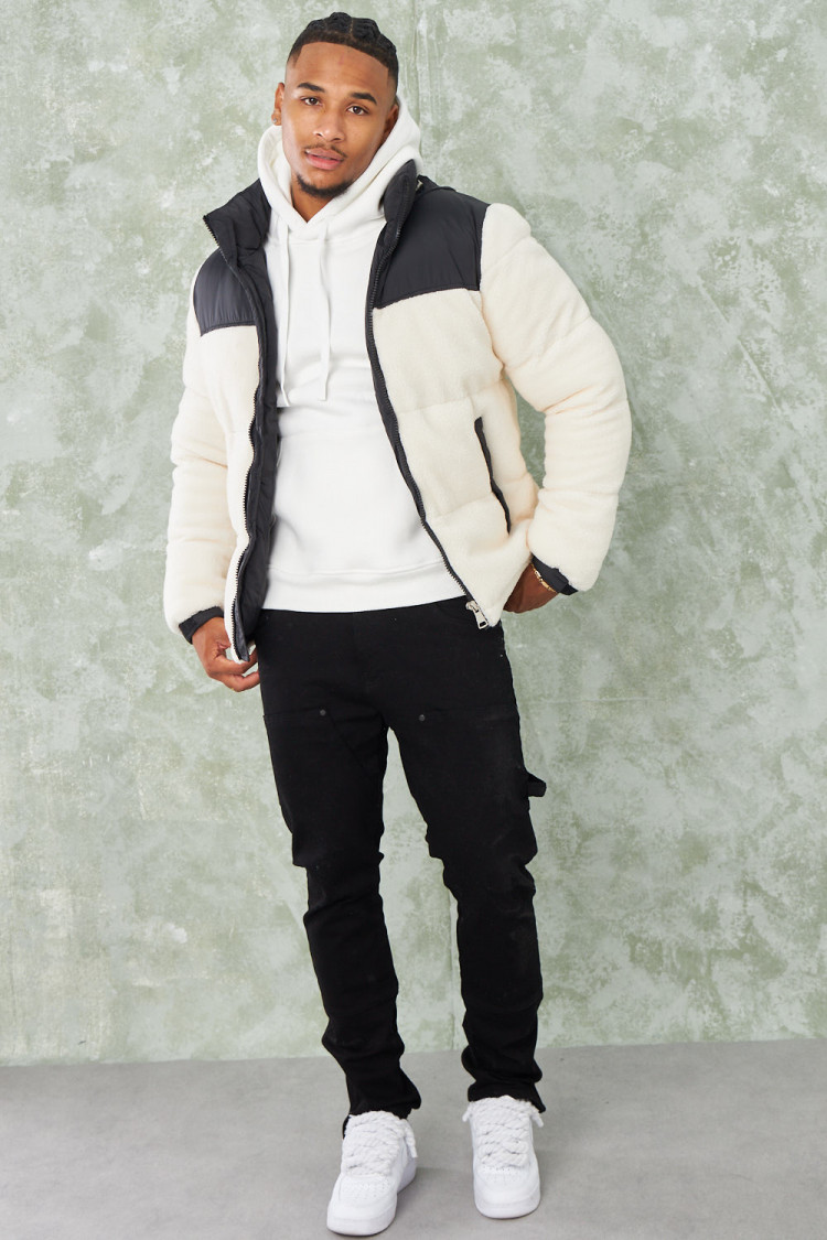 Parka teddy noir en peau de mouton beige