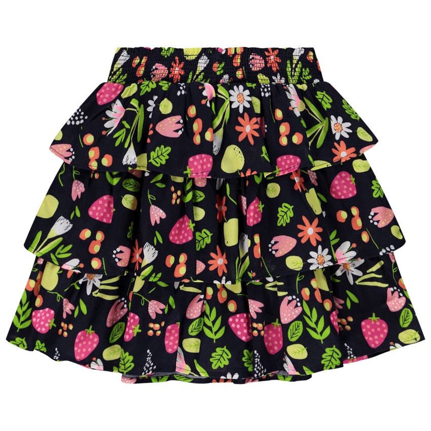 Jupe courte volantée imprimé fruits/fleurs pour fille - Bleu marine