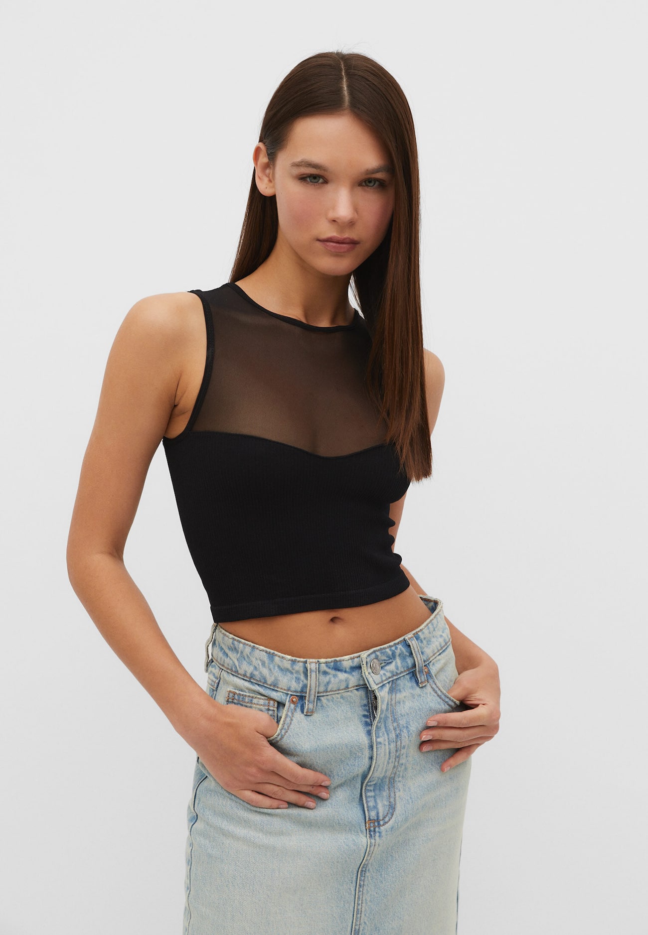 Top de tule com contraste sem costuras