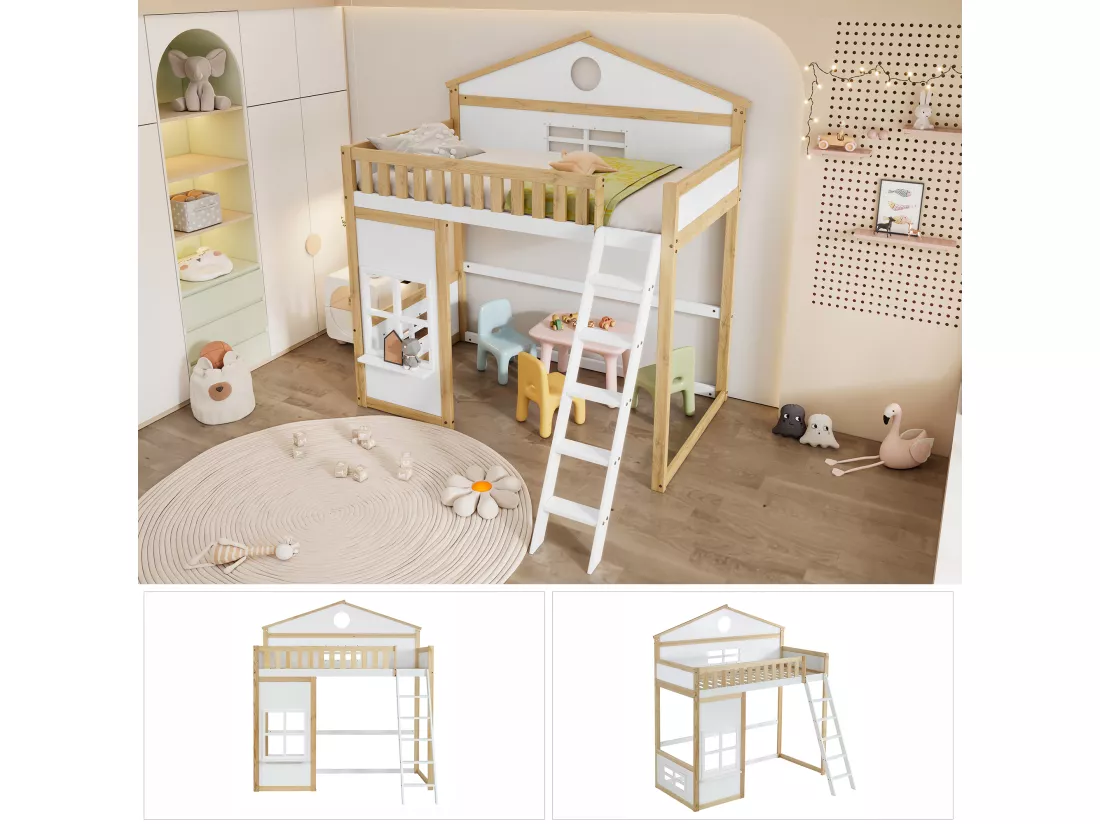 Lit mezzanine 90 x 200 cm avec fenêtres & garde-corps - pin + MDF - blanc + naturel (sans matelas)