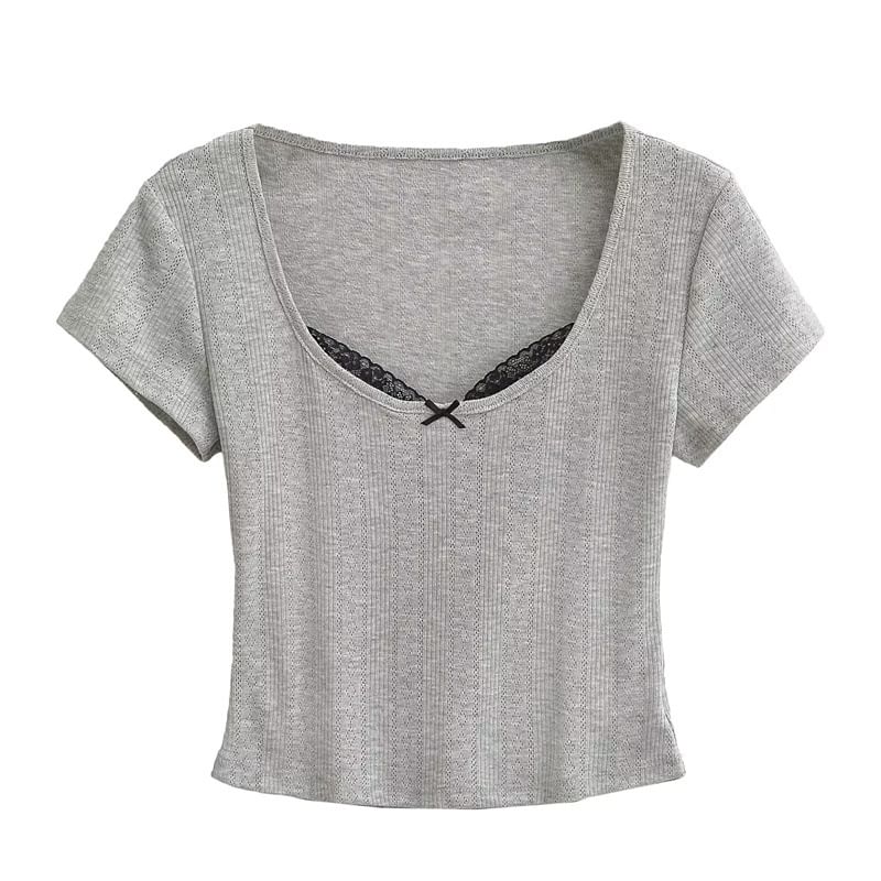 Larlige - Korte mouwen V-hals nep tweedelig tweekleurig kanten paneel crop T-shirt met strikaccent