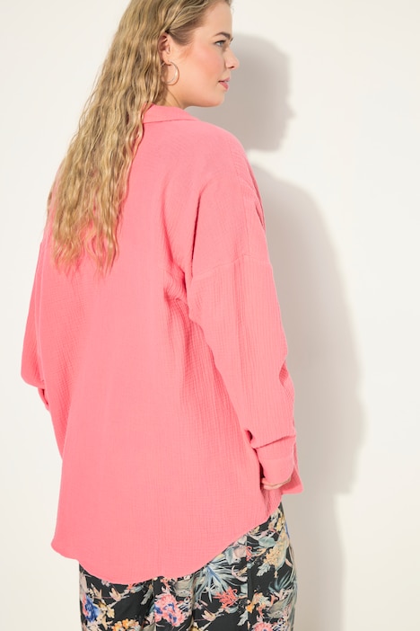Musselin Bluse, oversized, Hemdkragen, Langarm