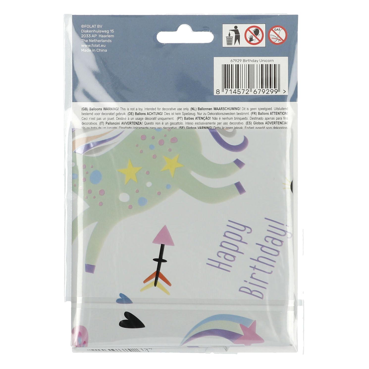 Folieballon Happy Birthday Unicorns 45cm.