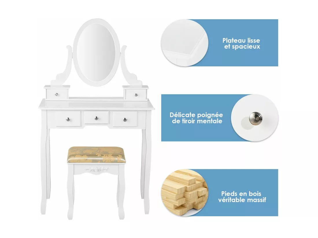 Coiffeuse Table de Maquillage avec Miroir Ovale Pivotant à 360°, 5 Tiroirs Finition Peinte, avec Tabouret Rembourré Finition Peinte, Facile à Monter (Blanc)