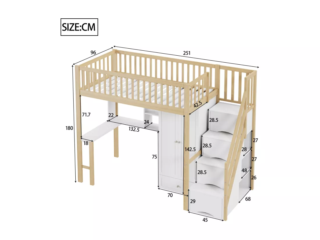Lit mezzanine 90x200 cm - avec une penderie et un bureau - cadre de lit en bois - Blanc