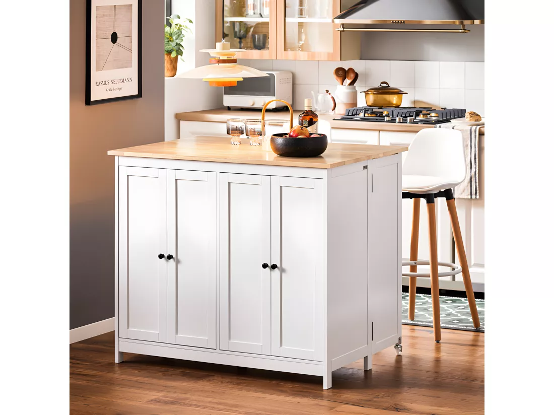 SoBuy îlot Central de Cuisine Buffet de Rangement Mange-Debout Placard de Cuisine avec Plans de Travail Rabattable 2 armoires 4 Portes, 102x72x92 cm, Blanc KNL10-WN