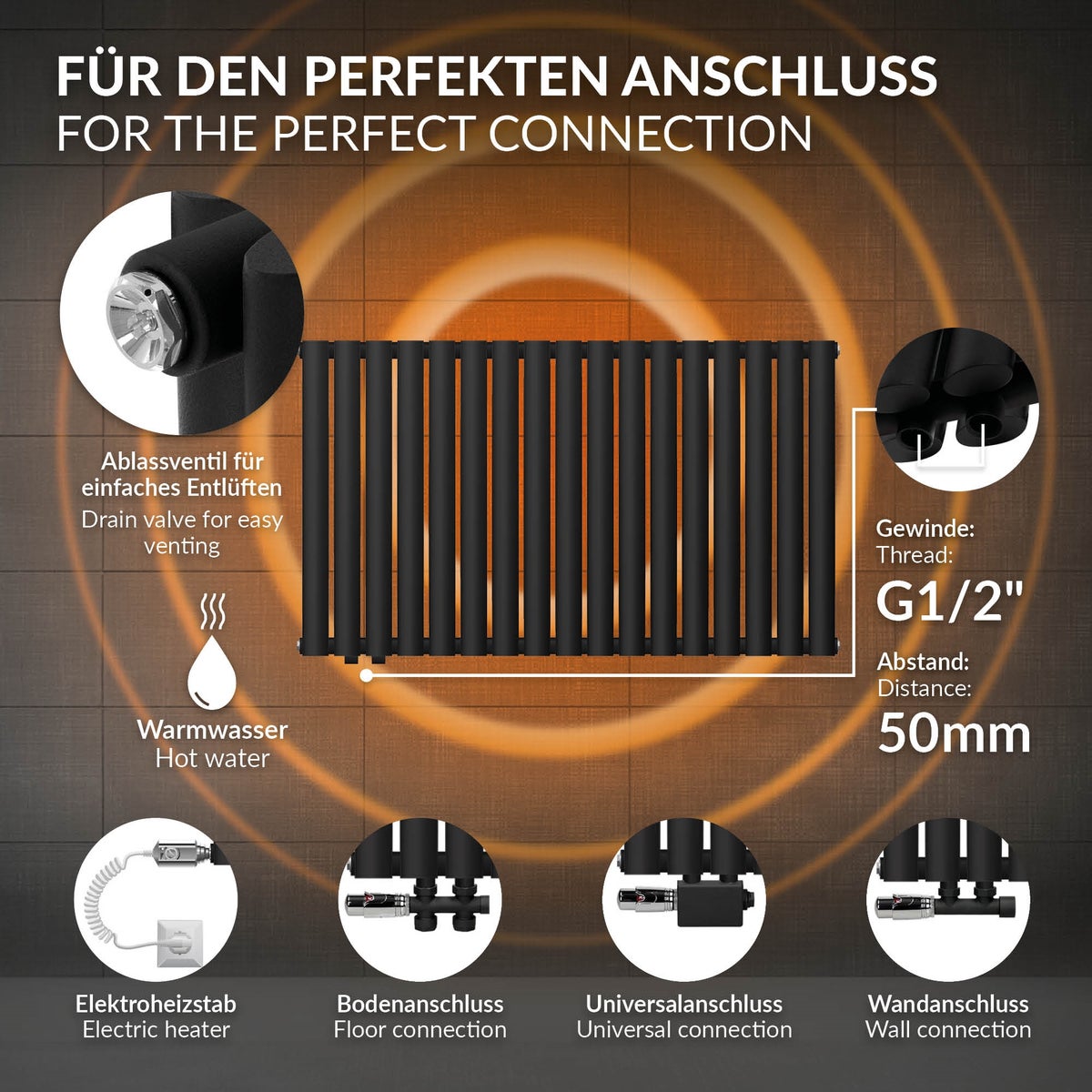 LuxeBath Paneelradiator, Dubbellaags, 600x1020mm, Matzwart, Horizontale radiator, Ovale buizen, Design badkamerradiator, Zijaansluiting, Verwarming woonkamer/badkamer, Design radiator, Buisradiator